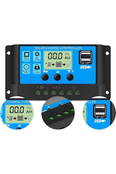 Cozevdnt Solar Panel Regulator 30A Cozevdnt, 2 USB Ports 5V, LCD Display, 12V/24V, 133x70x35mm, Blue/Black