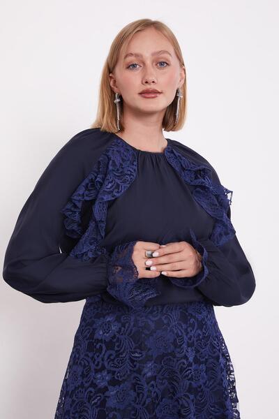 Levidor Lacivert Omuz Fırfır Detaylı Cupra Etek Takım