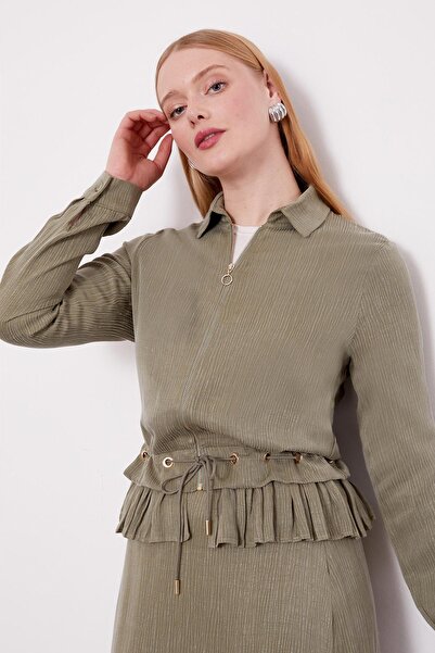 Levidor Khaki Ruffle Detailed Cupra Skirt Set
