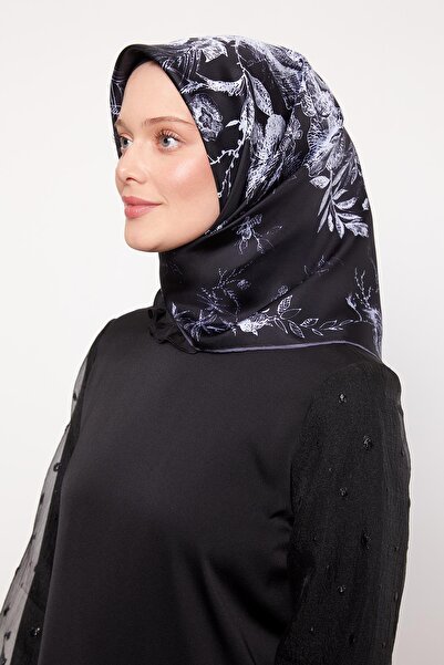 Levidor وشاح حريري من نسيج التويل بنمط وردة تجريدية باللون الأزرق الداكن من K...