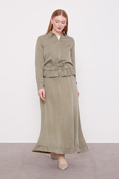 Levidor Khaki Ruffle Detailed Cupra Skirt Set