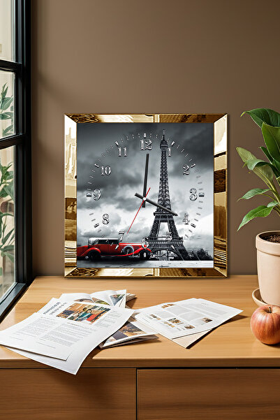 Zevahir Mobilya Dekorasyon Ceas de perete decorativ din MDF cu tematică Turnul Eiffel cu cadru auriu