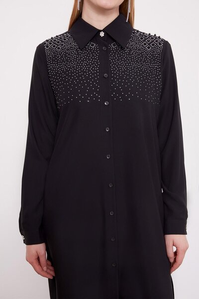 Levidor Μαύρο τουνίκ με τετράγωνο πέτο με πέτρες