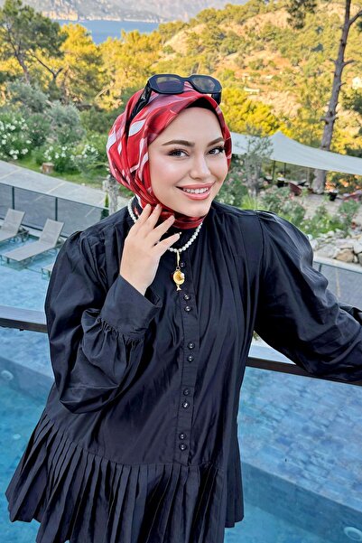 Levidor Kırmızı Ebruli Desen Twill İpek Eşarp