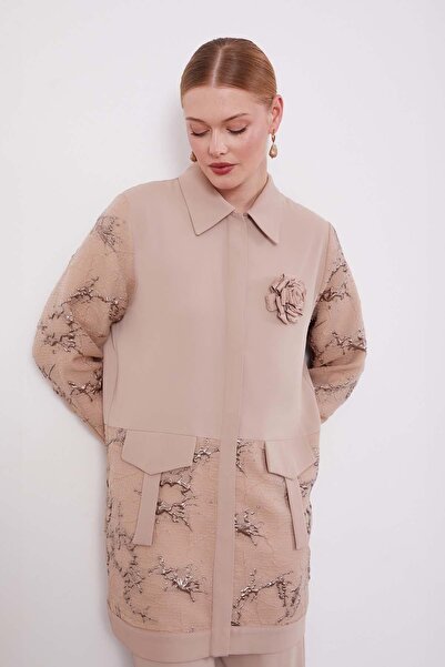 Levidor Dark Beige Double Suit with Rose Detail on the Collar