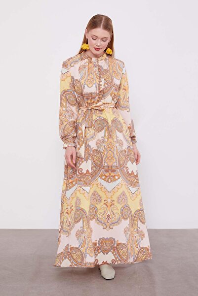 Levidor Safran Etnik Desenli Elbise