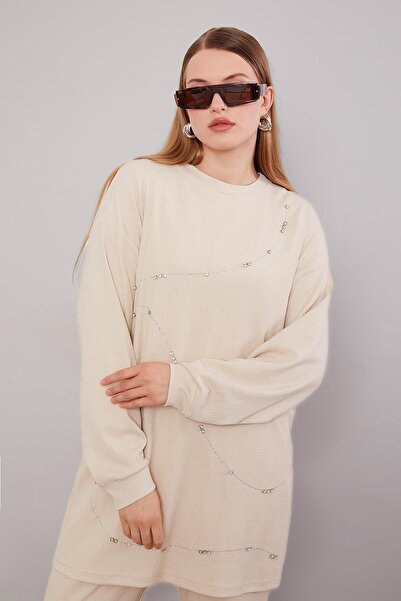 Levidor A.Beige Stripe Stone Detailed Double Suit