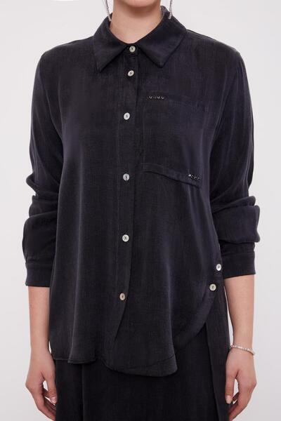 Levidor Black Cross Button Detail Cupra Skirt Set