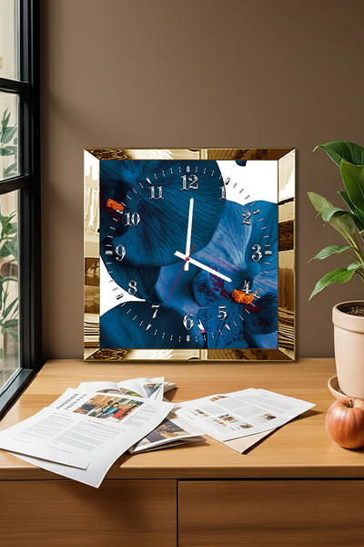 Zevahir Mobilya Dekorasyon Gold Framed Blue Leaves Themed Decorative Mdf Wall Clock
