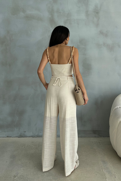 Ortaya Çık Beige Beaded Belted Top and Bottom Linen Set