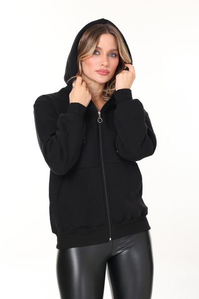 HEDEF DAİSY Women's Tops Black Color Hooded Kangaroo Pocket Zippered Three Thread Sh Fleece-Lined O Oversized Sweatshirt