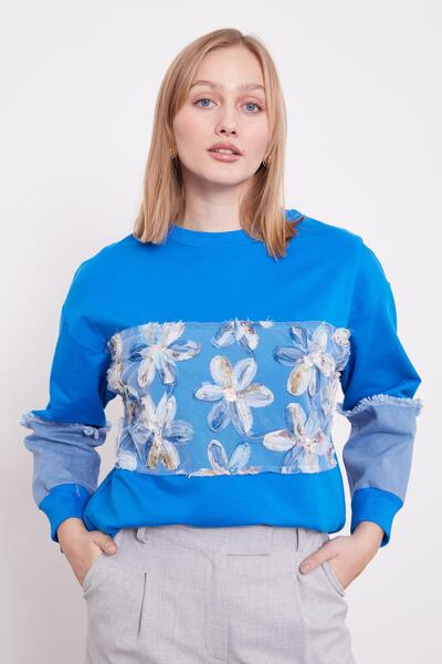 Levidor μπλε κοβαλτίου Τζιν με λεπτομέρειες με λουλουδάτο σχέδιο