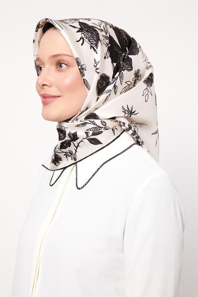 Levidor Ecru Abstract Rose Pattern Twill Silk Scarf