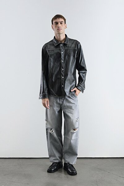 GIESTO Antique Effect Leather Anthracite Shirt