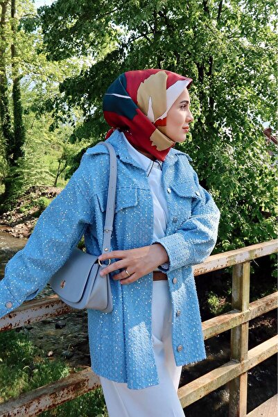 Levidor Burgundy Drawing Floral Pattern Twill Silk Scarf