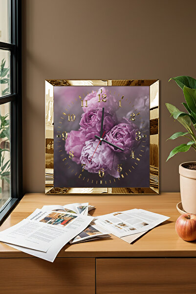 Zevahir Mobilya Dekorasyon Gold Framed Purple Flowers Themed Decorative Mdf Wall Clock