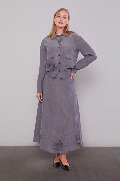 Levidor Gray Rose Detailed Cupra Skirt Suit