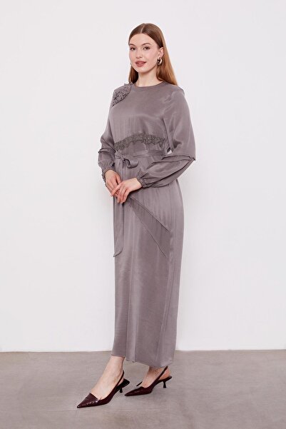 Levidor Gri Dantel Şeritli Cupra Elbise