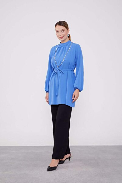 Levidor İndigo-Siyah Kolye Detaylı Şifon Tunik Takım