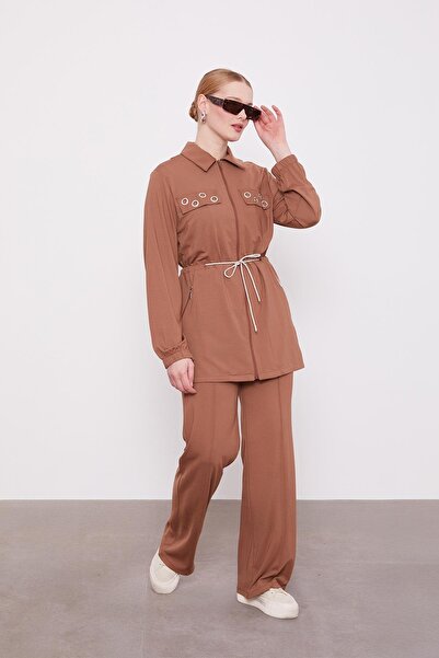 Levidor Brown Pocketed Waist-Tie Double Suit