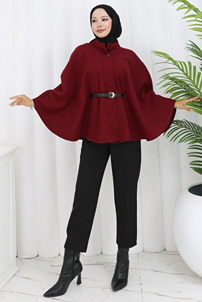 hafsamina Belted Cashmere Poncho Burgundy Hm2842