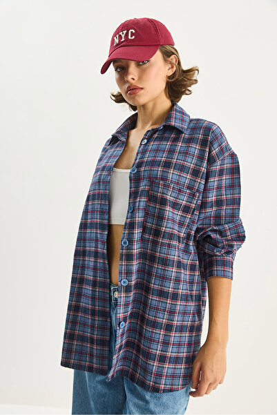 Bianco Lucci Kadın Tek Cep Detaylı Oversize Ekose Gömlek 513 60283572