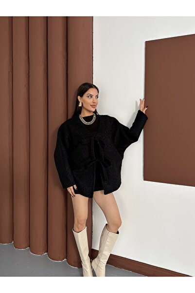 MODAMERSİ Women's Black Bow Tie Detailed Fleece Cashmere Coat