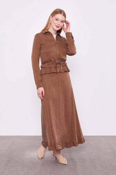 Levidor Brown Ruffle Detailed Cupra Skirt Set