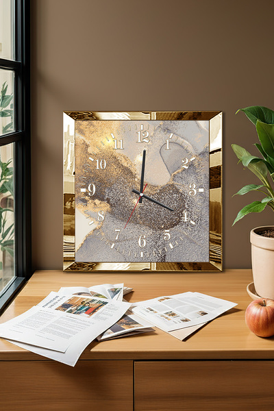 Zevahir Mobilya Dekorasyon Gold Çerçeveli Soyut Saat Temalı Dekoratif MDF Duvar Saati