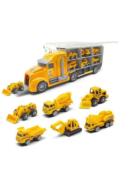 KidProtect Set Tir Auto Trailer Masinute Jucarie Copii, Construction Express, 6 Utilaje, Galben