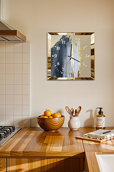 Zevahir Mobilya Dekorasyon Gold Çerçeveli Soyut Sanat Temalı Dekoratif MDF Duvar Saati