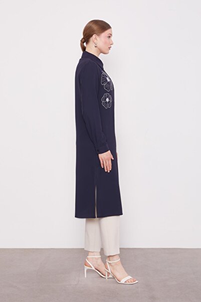 Levidor Navy Blue Stone Flower Pattern Printed Tunic