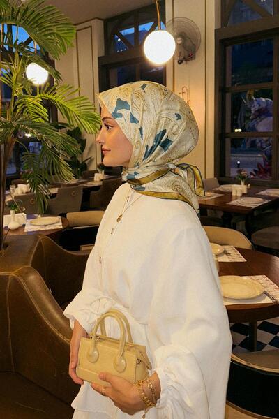 Levidor Petrol Blue Drawing Ethnic Pattern Twill Silk Scarf