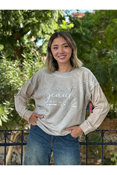 Punta Otantik NC50793 İtalyan Beauty Yazılı Coton Sweatshirt Krem