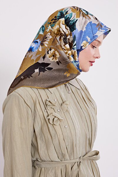 Levidor وشاح حريري بنمط زهرة خضراء زيتية