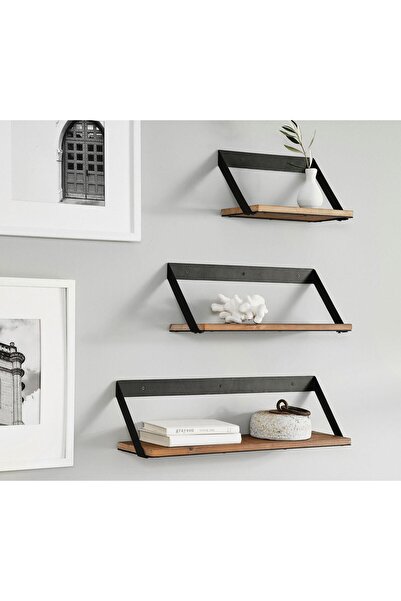 MAVİ TREND Metal Ayaklı 3'lü Duvar Rafı - Demir Ayaklı Doğal Ahşap Duvar Kita...