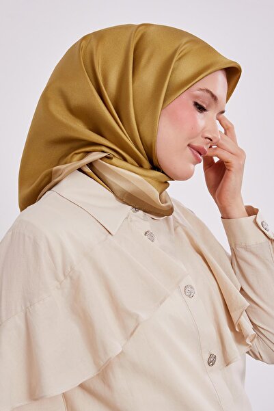 Levidor Oil Green Twill Silk Scarf with Border Trim