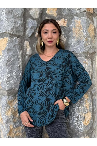 Punta Otantik Nc1128A Italian V-Neck Rose Pattern Knitwear Blouse Petrol