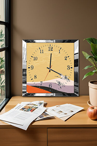 Zevahir Mobilya Dekorasyon Ceas de perete decorativ din MDF cu tematică apus de soare calm, cu cadru argintiu