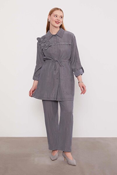 Levidor Gray Embroidered Shoulder Detail Cupra Two-Piece Set