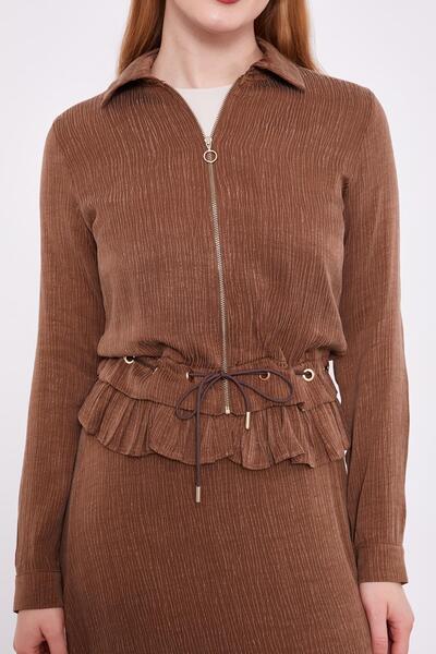 Levidor Brown Ruffle Detailed Cupra Skirt Set