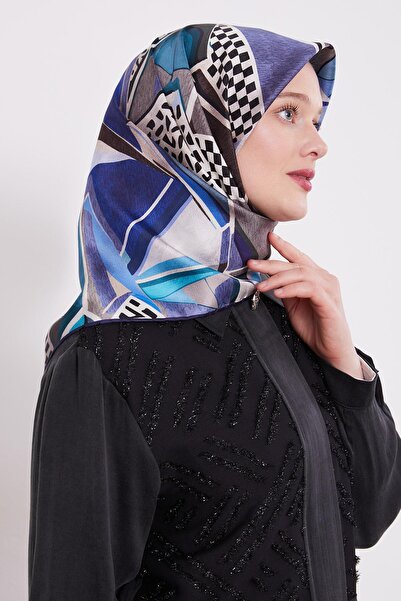 Levidor وشاح حريري بنمط الداما باللون الأزرق الداكن