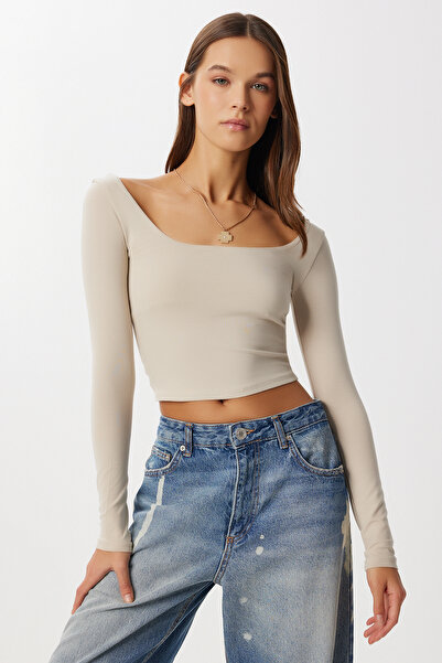 Lovelyİstanbul Basic Crop Knitted Blouse Lub0255 Beige