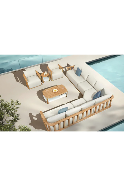 SCY Sofia L Köşe Bahçe Mobilya Takımı Masif Ahşap Bahçe Oturma Grubu Balkon Seti