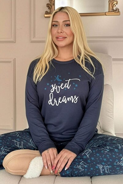 Pijamaevi Lacivert Sweet Dreams Desenli Termal Kadın Pijama Takımı