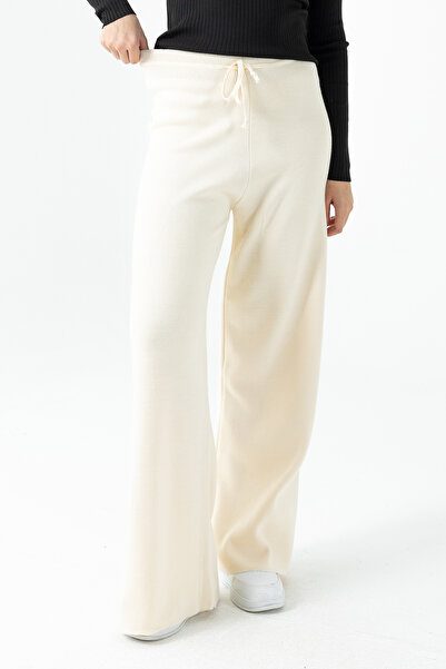 GİYSA Women's High Waist Knit Pants with Elastic Waist and Tie Detail Cream - 25K 2251