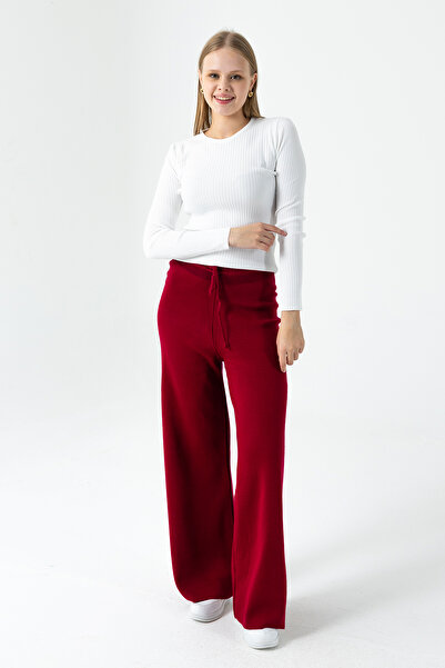 GİYSA Women's High Waist Knit Trousers with Elastic Waist and Tie Detail in B...