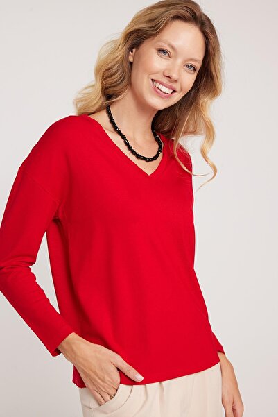 Tudors Women's Slim Fit Slim Fit Viscose Fabric V-Neck Red Blouse