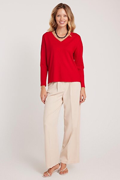 Tudors Women's Slim Fit Slim Fit Viscose Fabric V-Neck Red Blouse