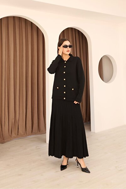 QUAWEAR Shirt Collar Metal Buttoned Cuffed Sleeves Cardigan and Flared Skirt Mercerized Bottom Top Two-Piece Set